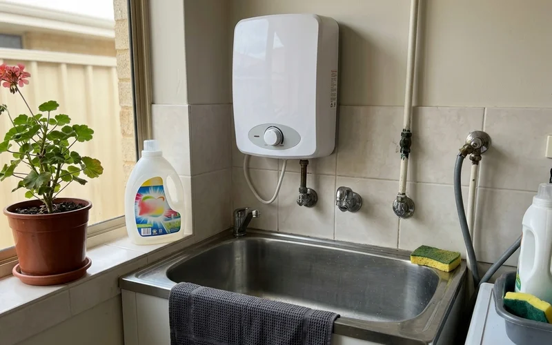 Compact instantaneous electric hot water unit on a wall