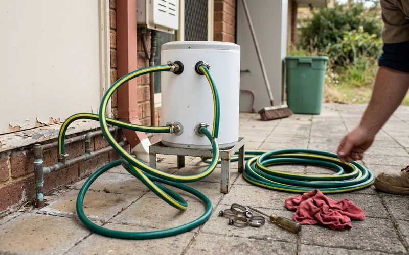 Compact temporary hot water unit hooked up outside a house