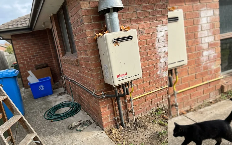 Continuous flow gas hot water unit on an exterior brick wall