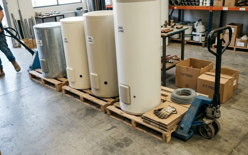 Different sized hot water storage tanks showing capacity range