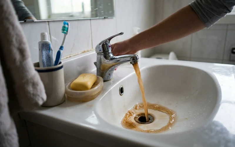 Discoloured rusty water running from a tap into a white sink
