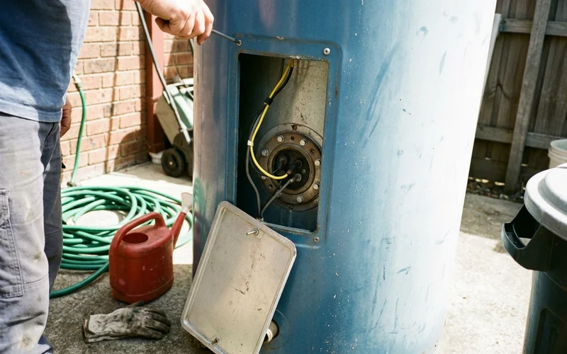 Electric booster element access panel on a solar hot water tank