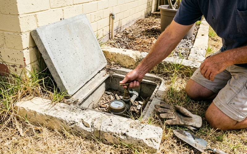 Hand shutting off a home's main water stop valve