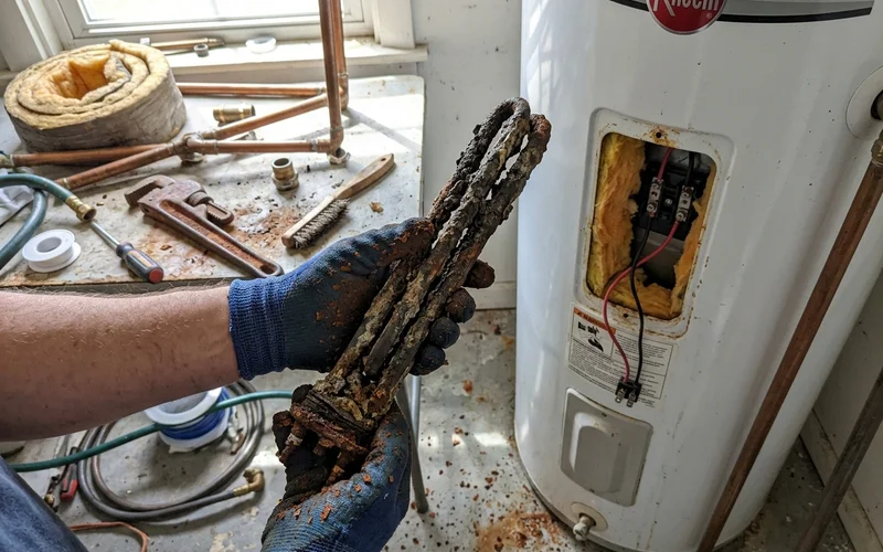 Hands holding a corroded heating element next to a hot water tank