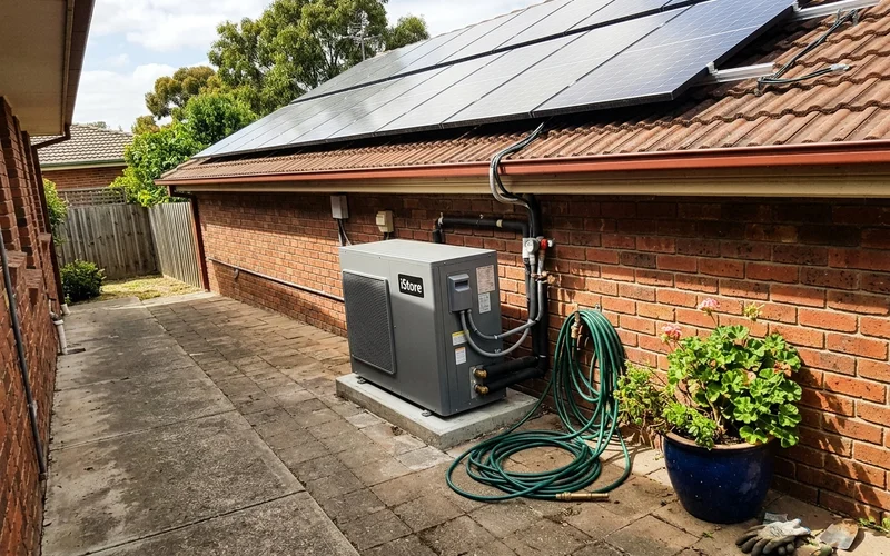 Heat pump hot water unit next to a house with solar on the roof