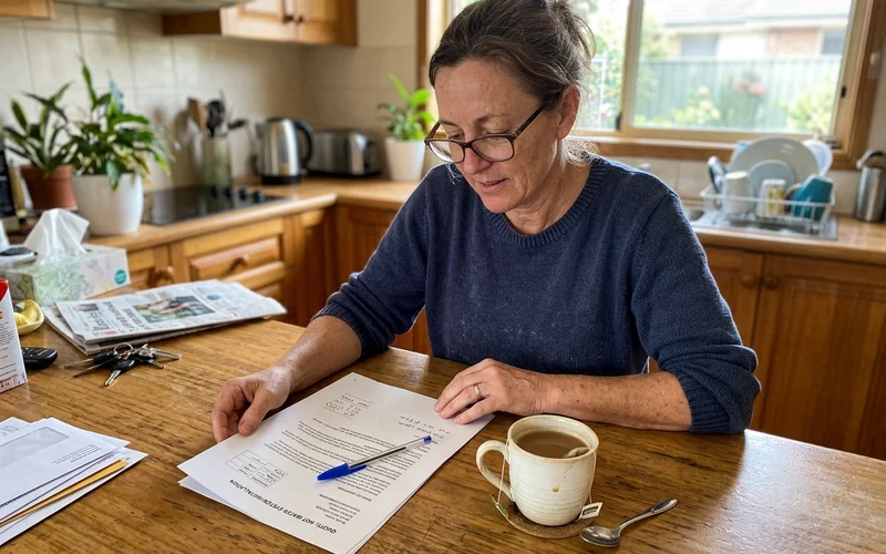 Homeowner reviewing a written hot water quote on a kitchen bench