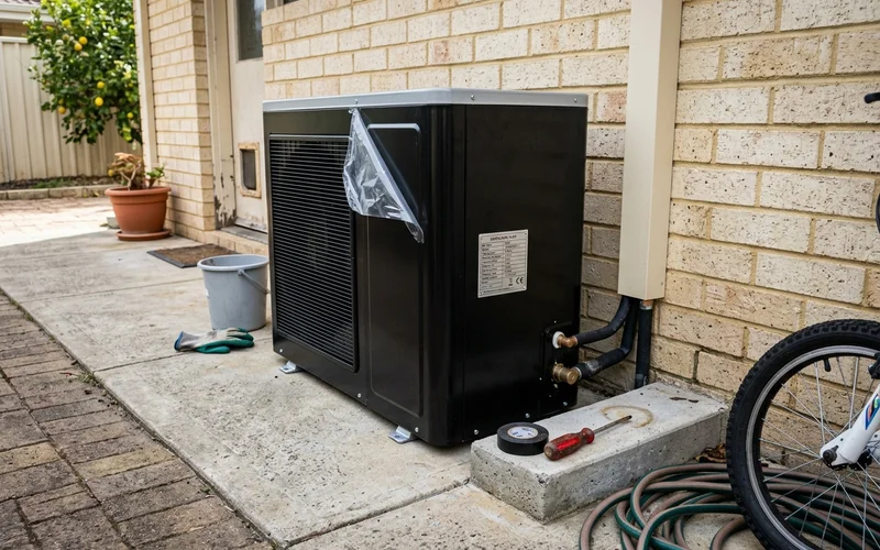 New heat pump hot water unit freshly installed at a Perth home