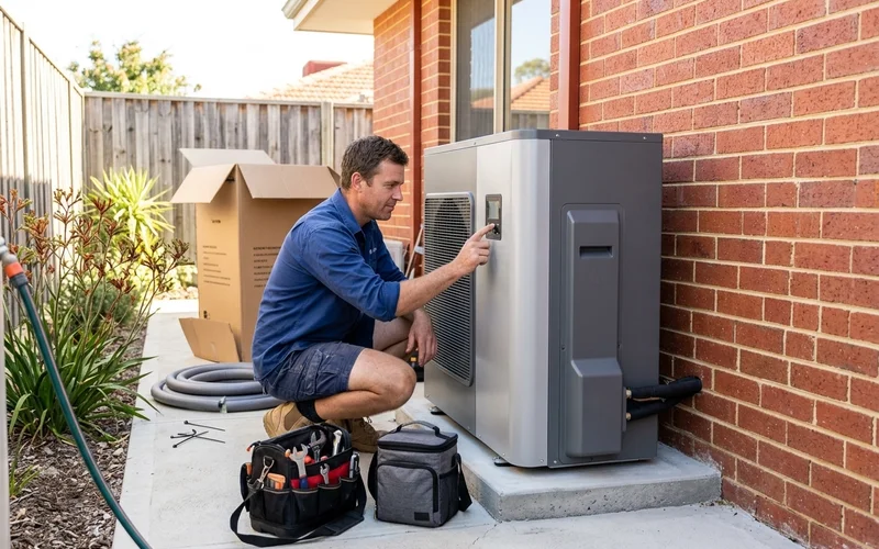 New heat pump hot water unit being commissioned at a Perth home