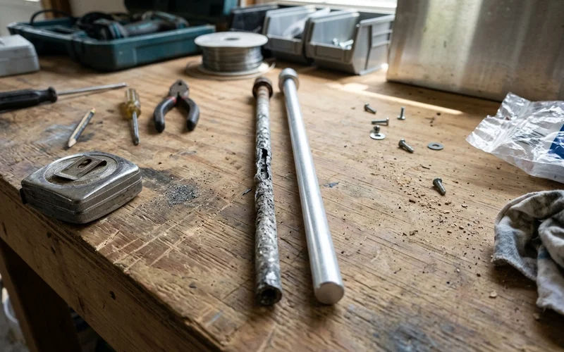 Old and new anode rods side by side showing corrosion difference