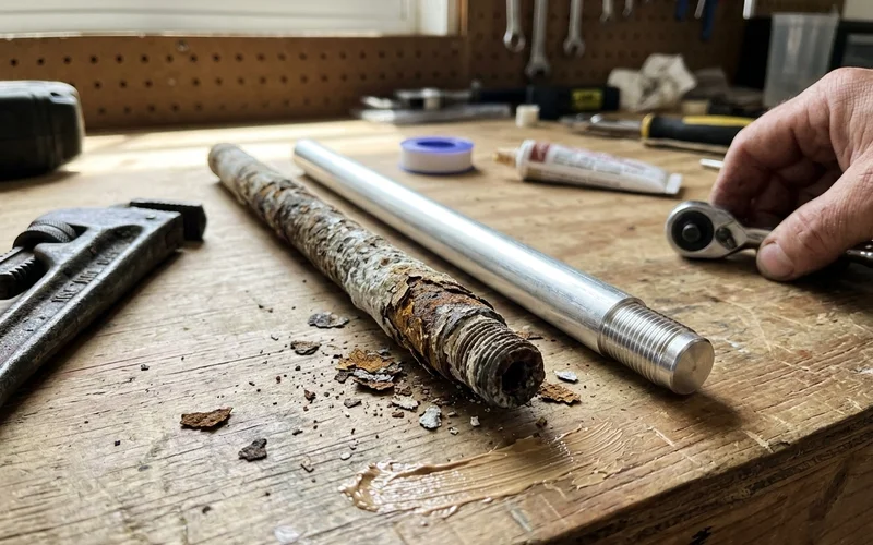 Old and new sacrificial anode rods side by side showing corrosion