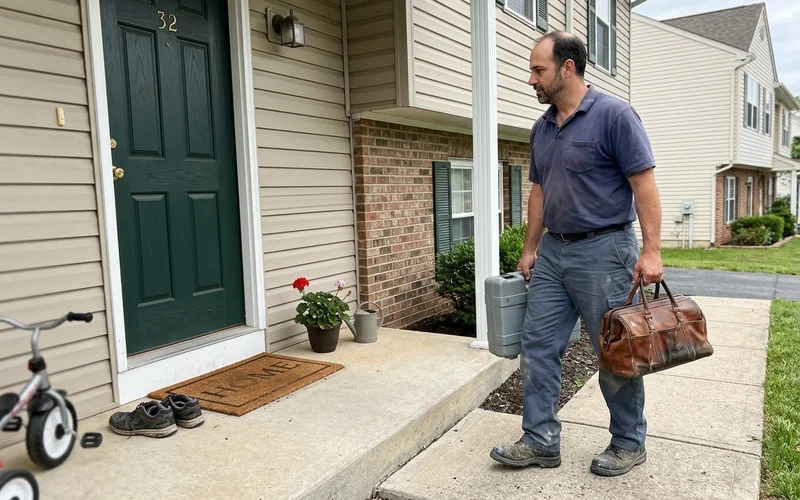 Plumber carrying tools to a front door for an emergency call-out