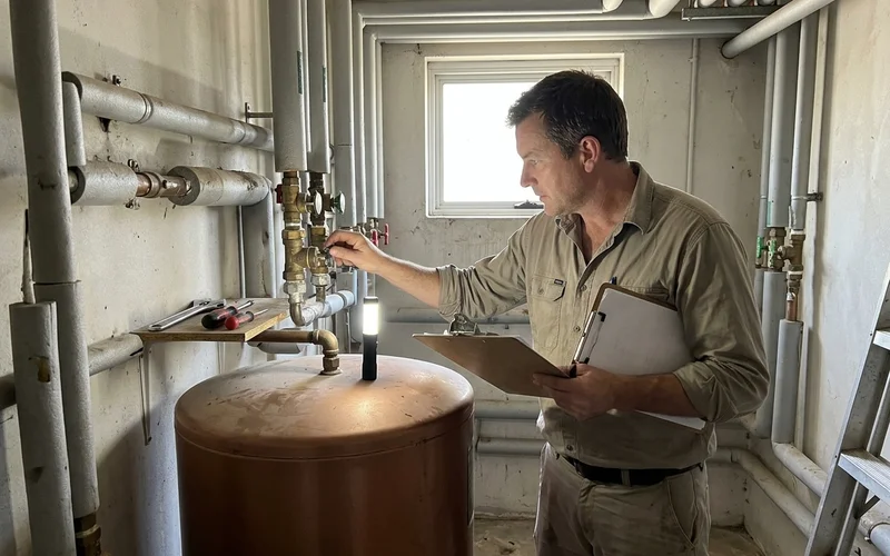 Plumber checking compliance valves on commercial hot water pipework