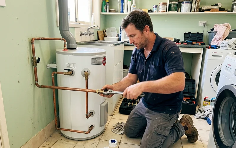 Plumber connecting copper pipework and fittings to a hot water system