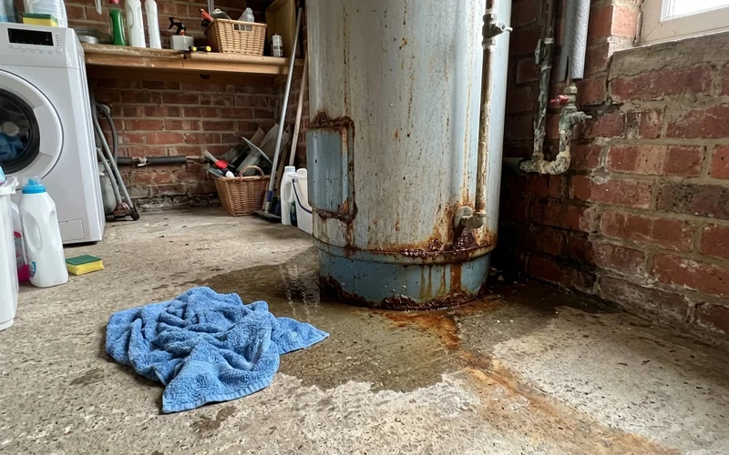 Water pooling beneath a corroded hot water cylinder with rust staining
