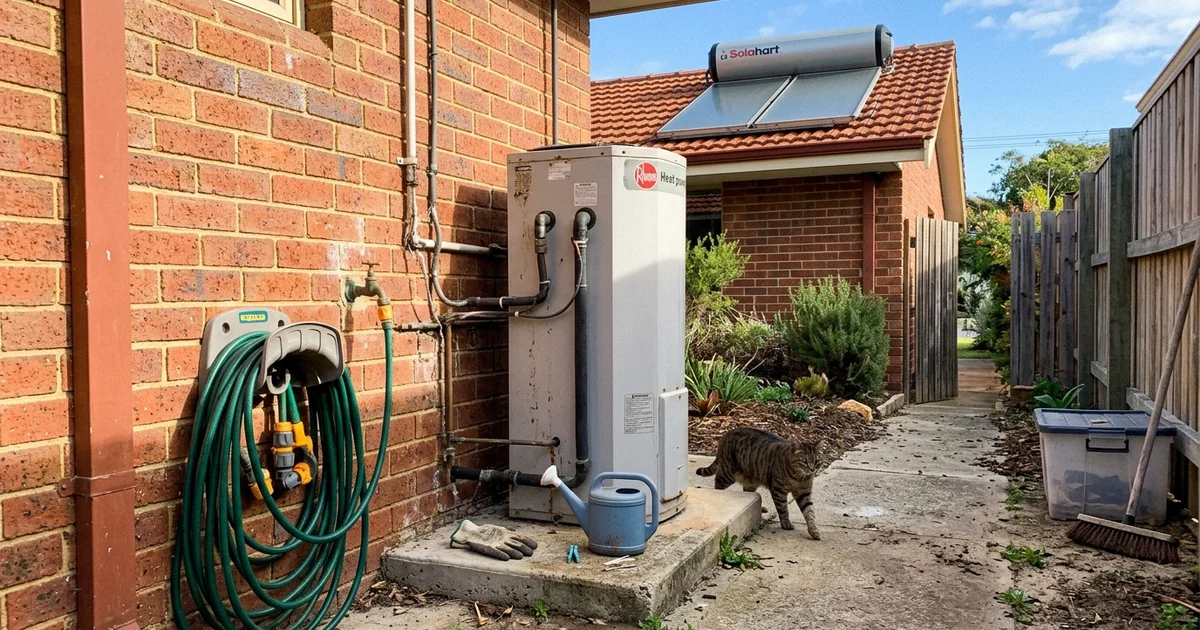 A heat pump unit and a rooftop solar collector shown together at a Perth home