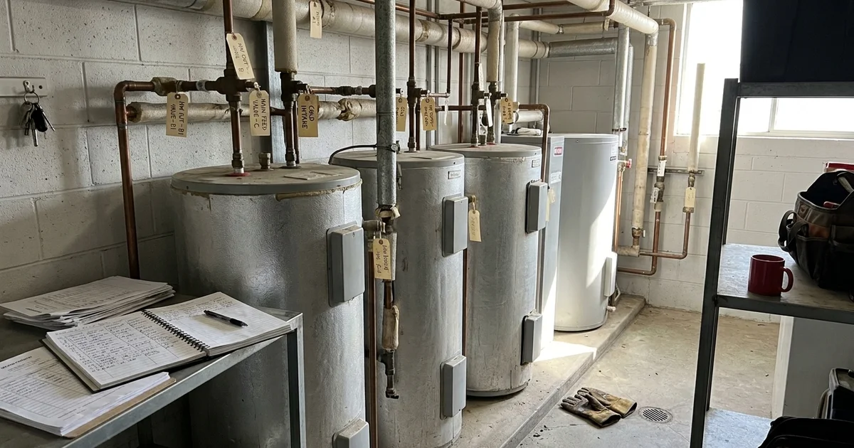 Commercial hot water units in the plant room of a Perth apartment block