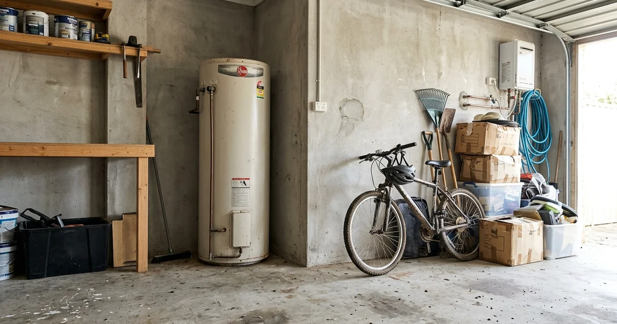 Electric storage hot water tank in a Perth garage