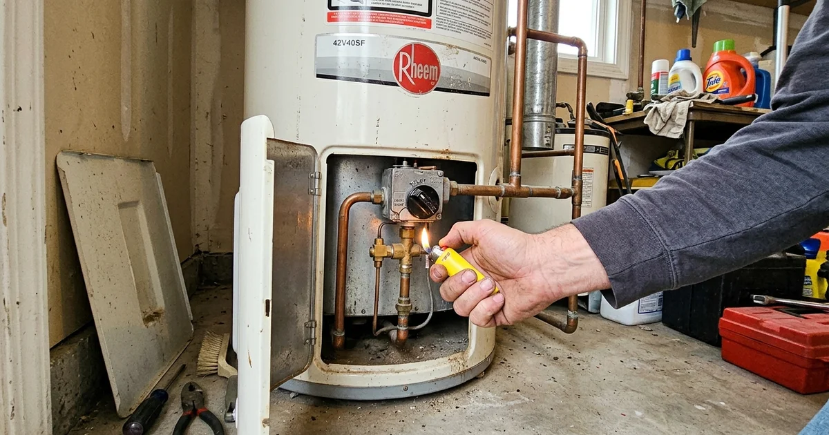 Hand relighting the pilot on a gas hot water unit