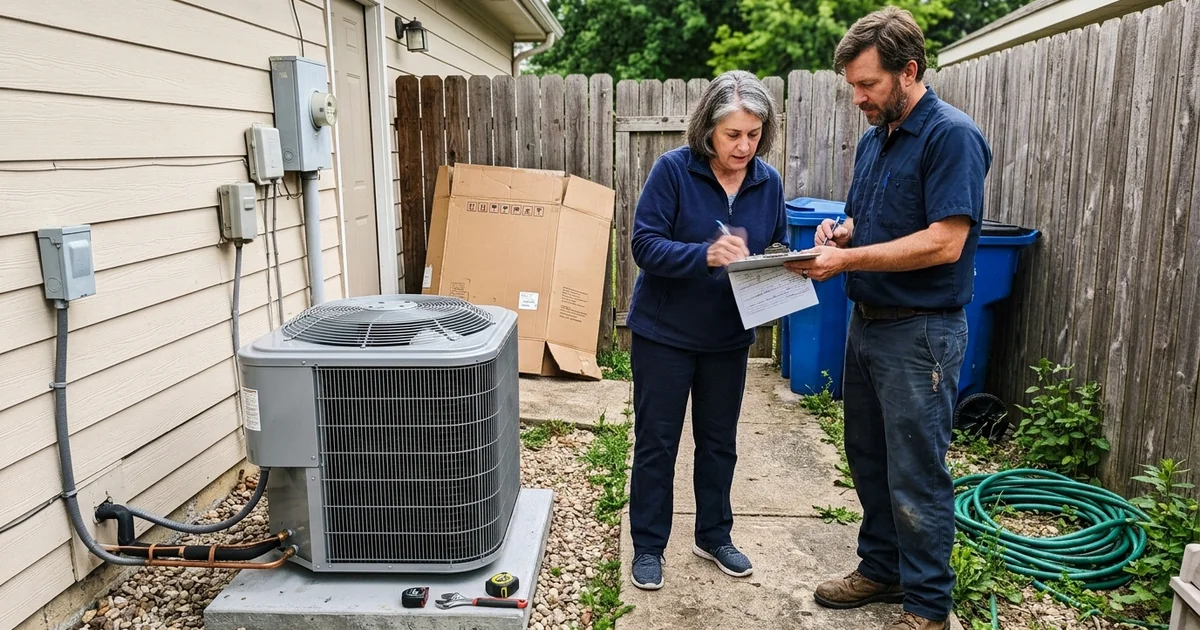 Homeowner and installer reviewing rebate paperwork beside a heat pump unit