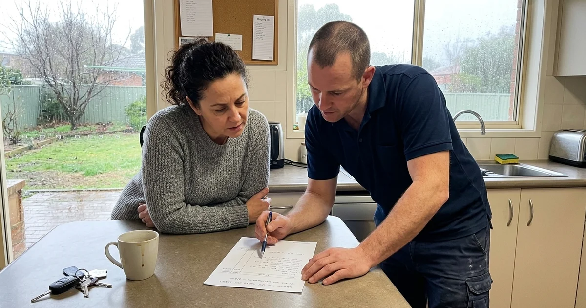 Homeowner and plumber reviewing a written hot water quote at a kitchen bench