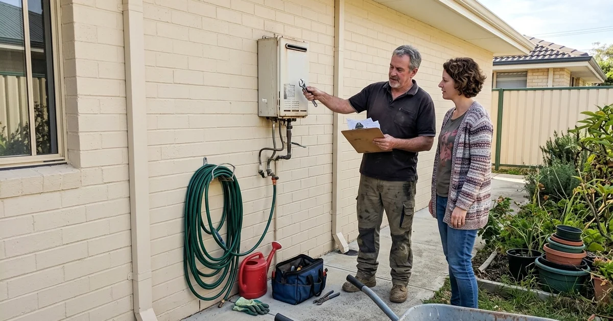 Homeowner and plumber discussing hot water options beside a Perth home