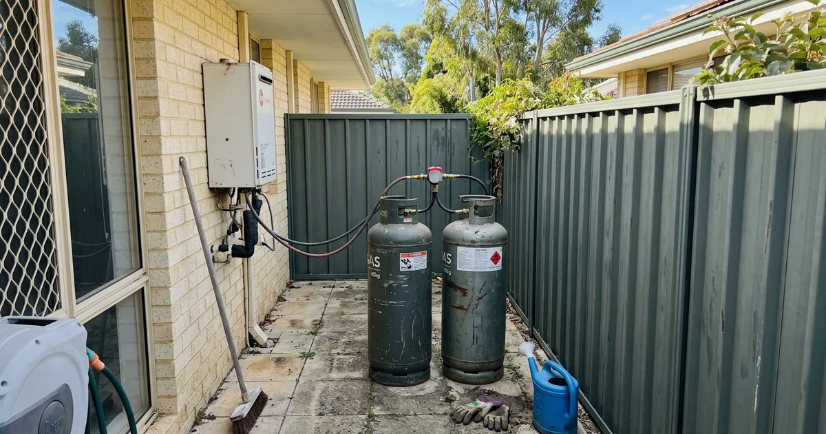 LPG gas bottles beside a hot water unit at a Perth home