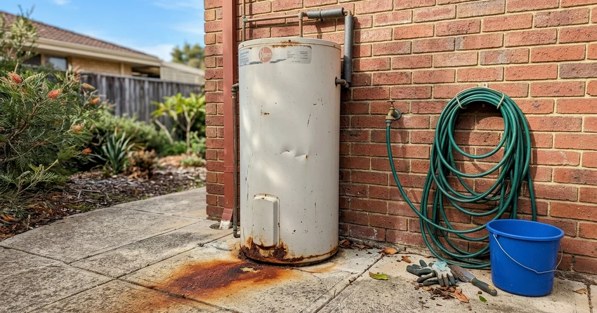 Old rusty hot water tank against the exterior brick wall of a Perth home