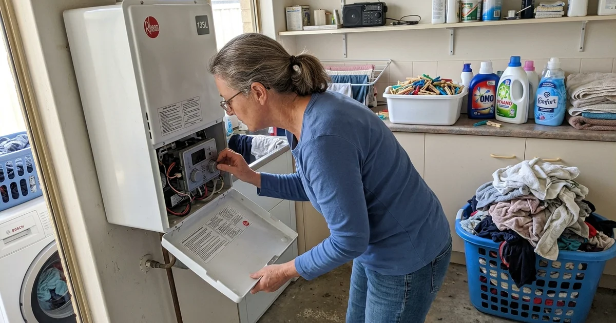 Person checking a hot water unit control panel in a Perth laundry