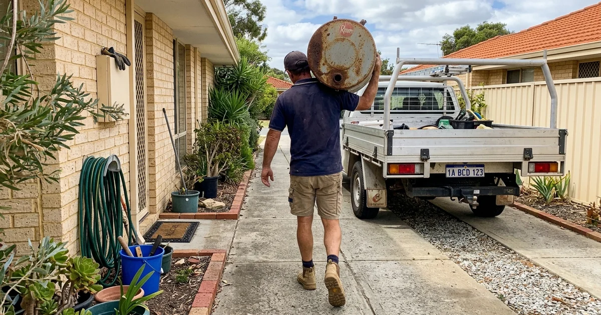 Plumber carrying an old hot water tank out to a work ute