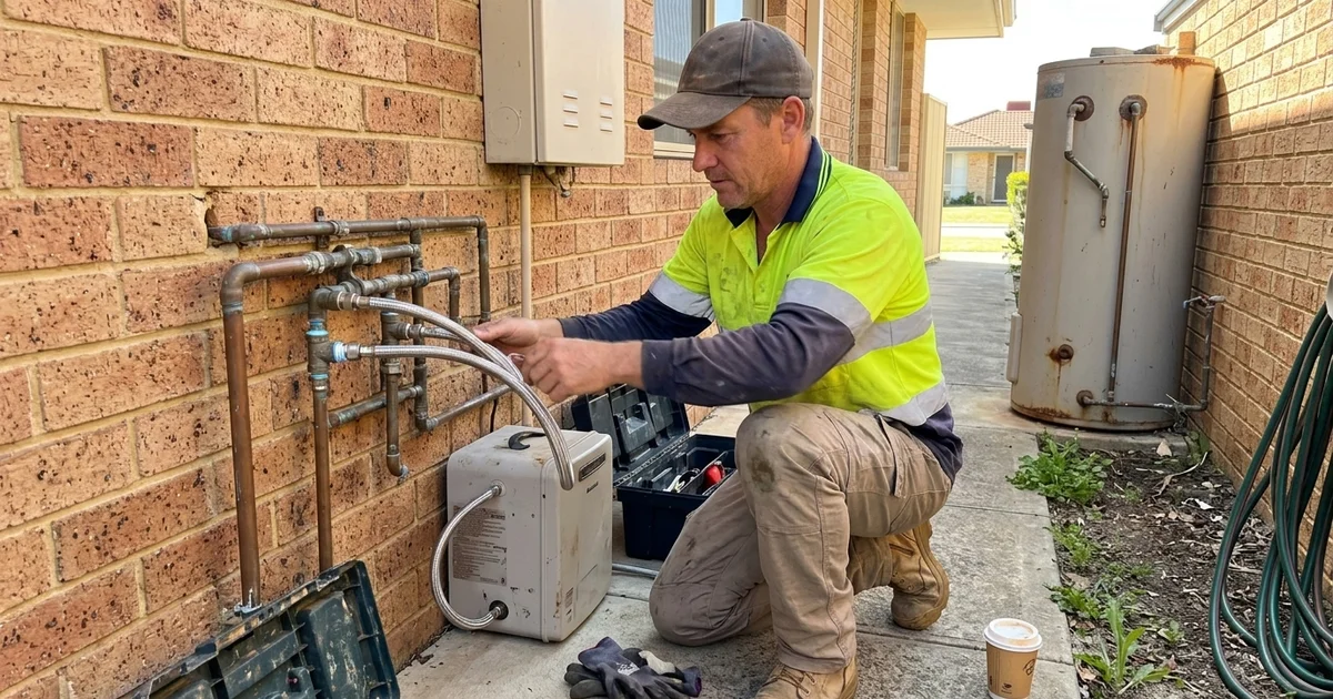 Plumber connecting a temporary hot water unit at a Perth home