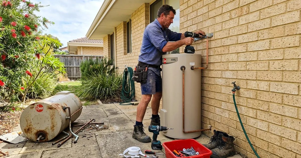 Plumber fitting a new hot water unit to the exterior wall of a Perth home