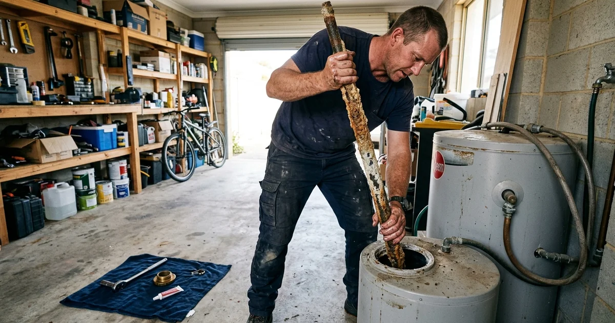 Plumber removing a corroded sacrificial anode rod from a hot water tank