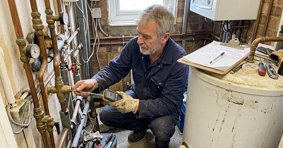 Plumber testing a tempering valve on a hot water system
