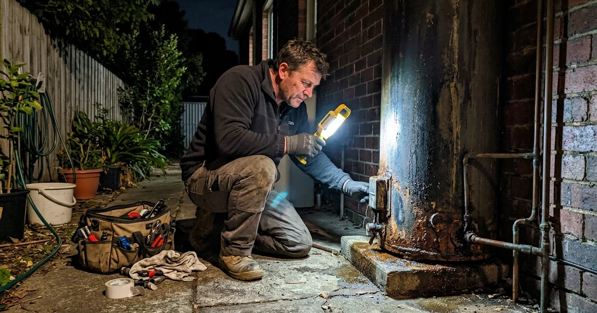 Plumber inspecting a failed hot water tank in a Victoria Park side passage at night