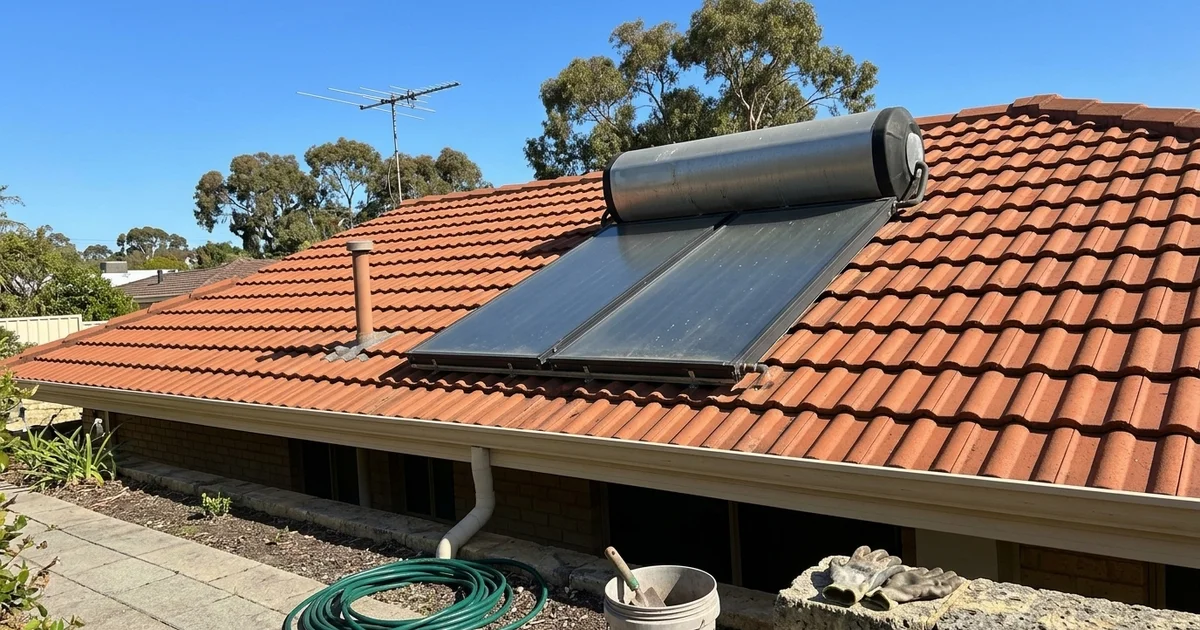 Solar hot water collectors and tank on a Perth tiled roof