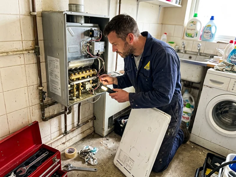 Gas fitter checking the burner and electronic ignition