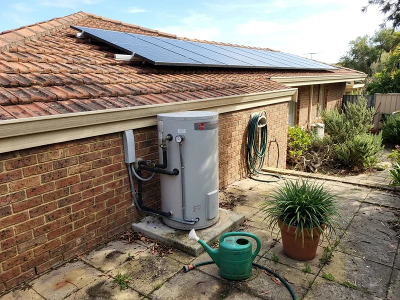 Heat pump installed at a home with rooftop solar panels