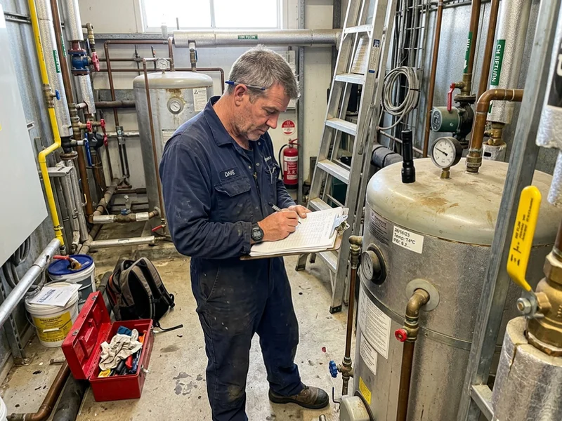 Technician recording compliance readings beside commercial hot water plant