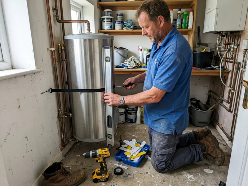 Plumber levelling and strapping a new hot water cylinder