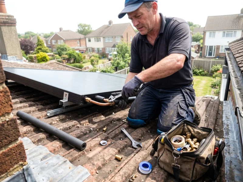 Plumber fitting flat plate solar collectors on a roof