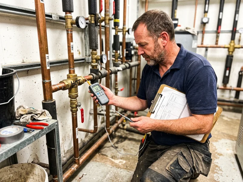 Plumber testing a thermostatic mixing valve on commercial pipework