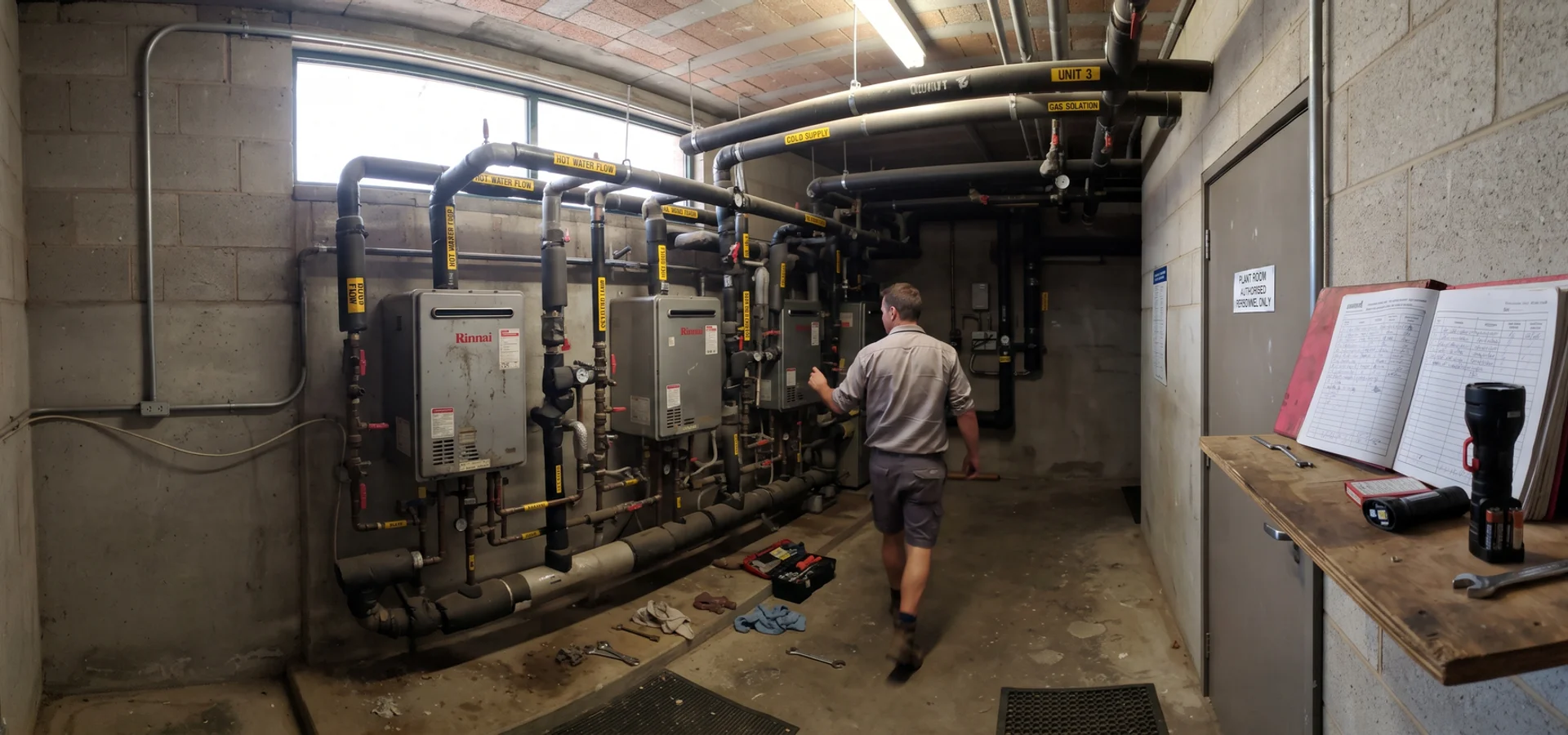 Commercial hot water units in the plant room of a Perth apartment building
