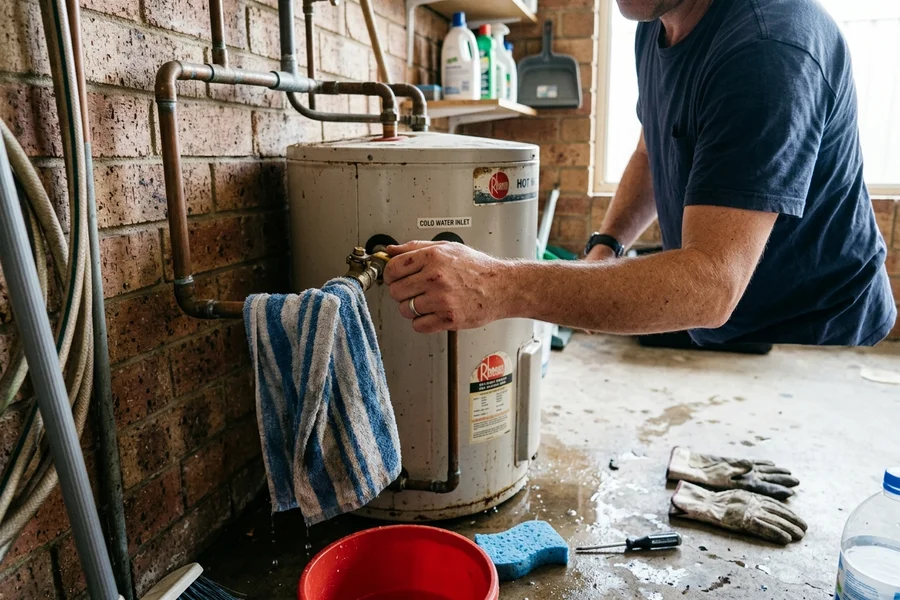 Hand shutting off the cold water isolation valve above a leaking hot water system