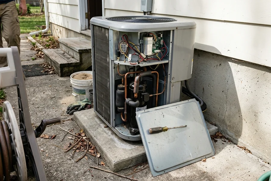 Close-up of a heat pump hot water compressor and fan housing with the cover removed