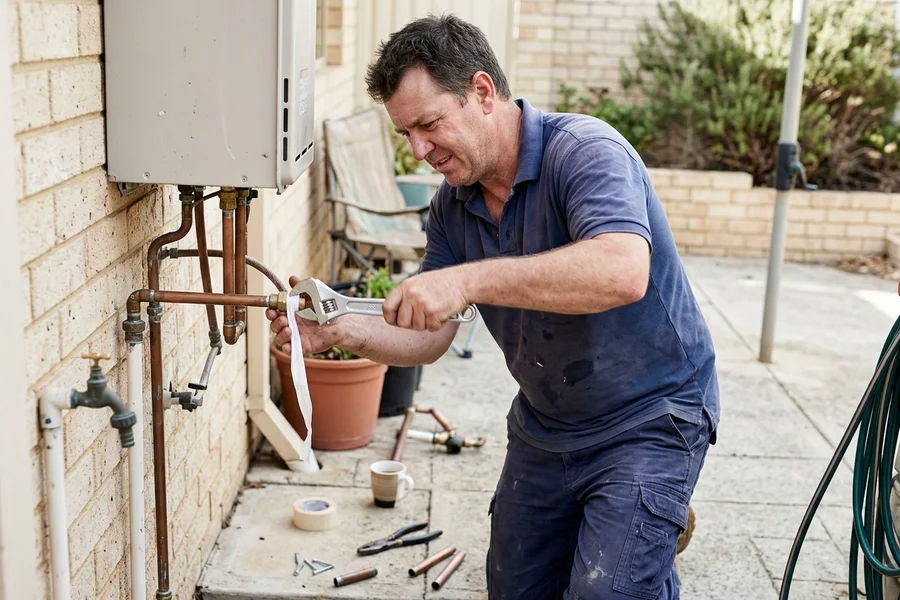 Plumber connecting copper pipework and fittings to a newly installed hot water system