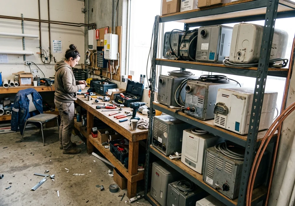 Inside the Rivervale workshop with hot water units on shelving