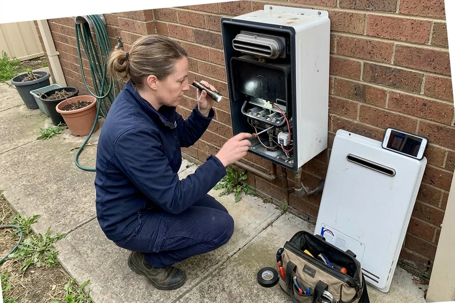 Gas fitter checking the burner and electronic ignition inside an open gas hot water unit