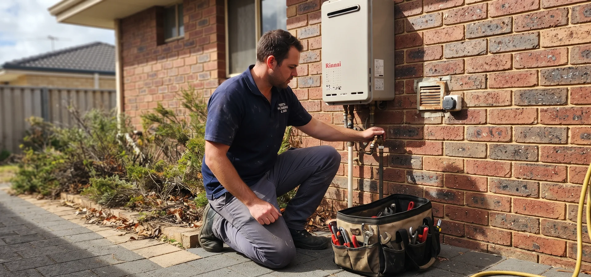 Licensed Perth plumber checking a wall-mounted hot water unit outside a suburban home