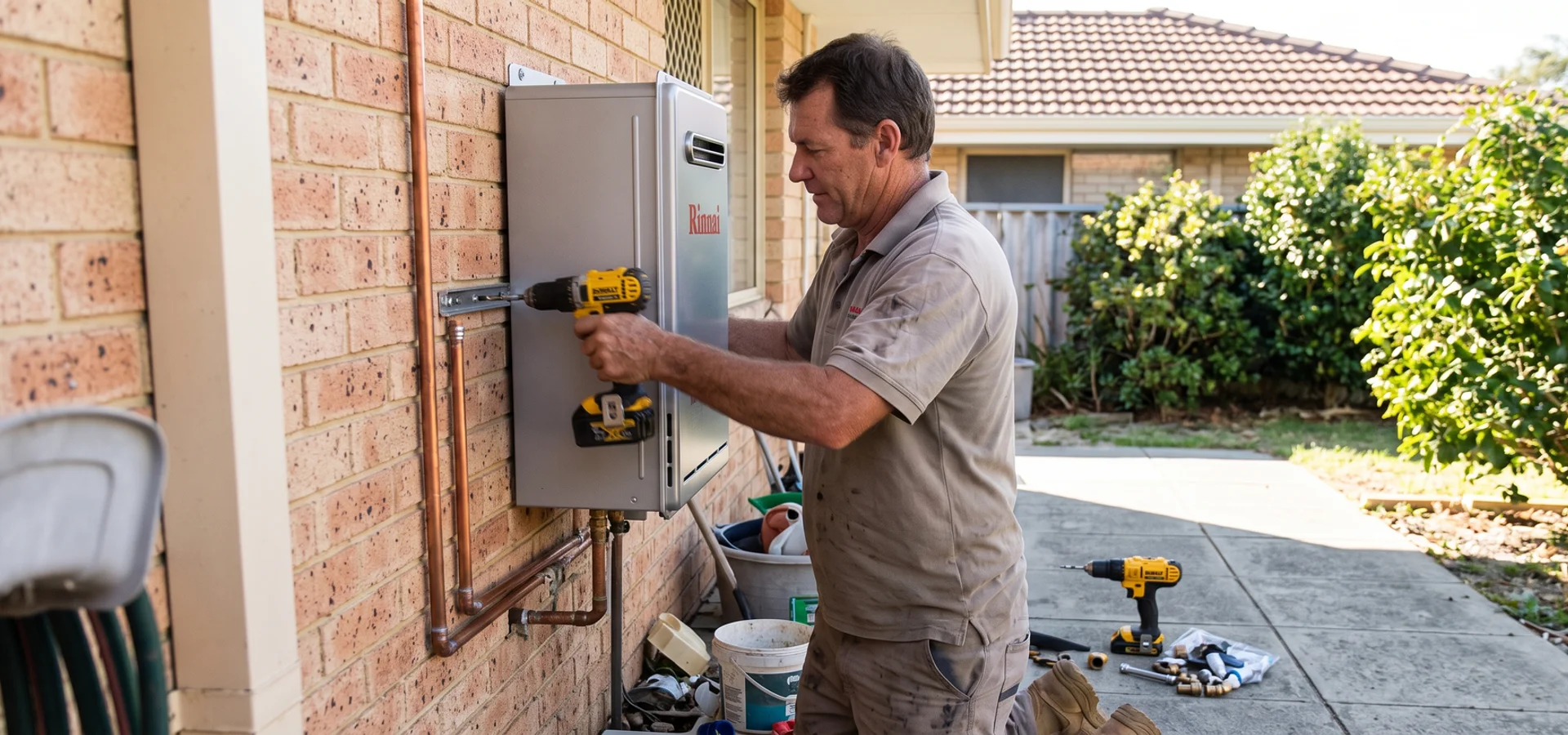Licensed Perth plumber installing a new hot water system on the exterior wall of a suburban home