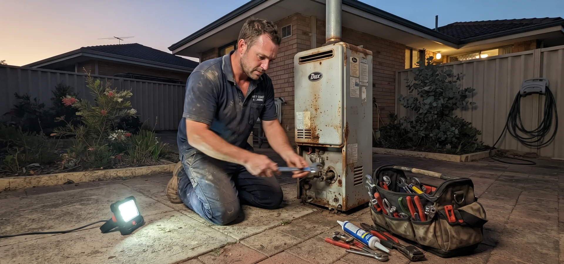Emergency plumber working on a failed hot water unit at a Perth home